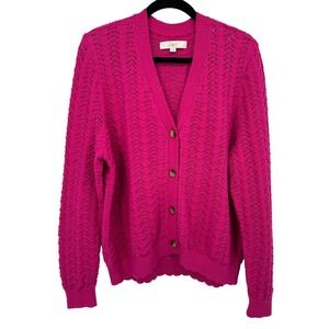 LOFT Womens XXL Pink Pointelle Open Knit V-Neck Button Cardigan Sweater Dopamine